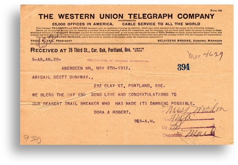 Telegram to Abigail Scott Duniway, 1912