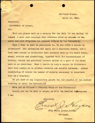 Haycox's Letter to University of Oregon Registrar