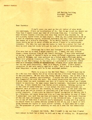 Letter from Haycox to W.F.G. Thacher ("Goodwin"), Page 1