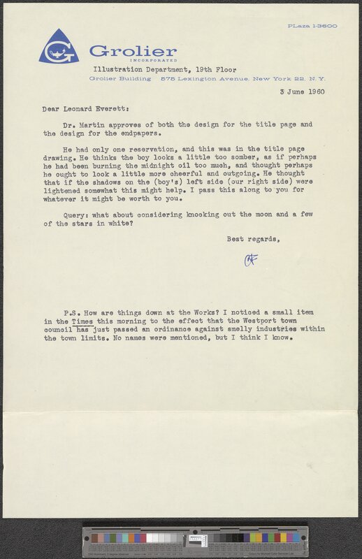 Letter from Grolier illustration department to Leonard Everett Fisher, June 3, 1960.